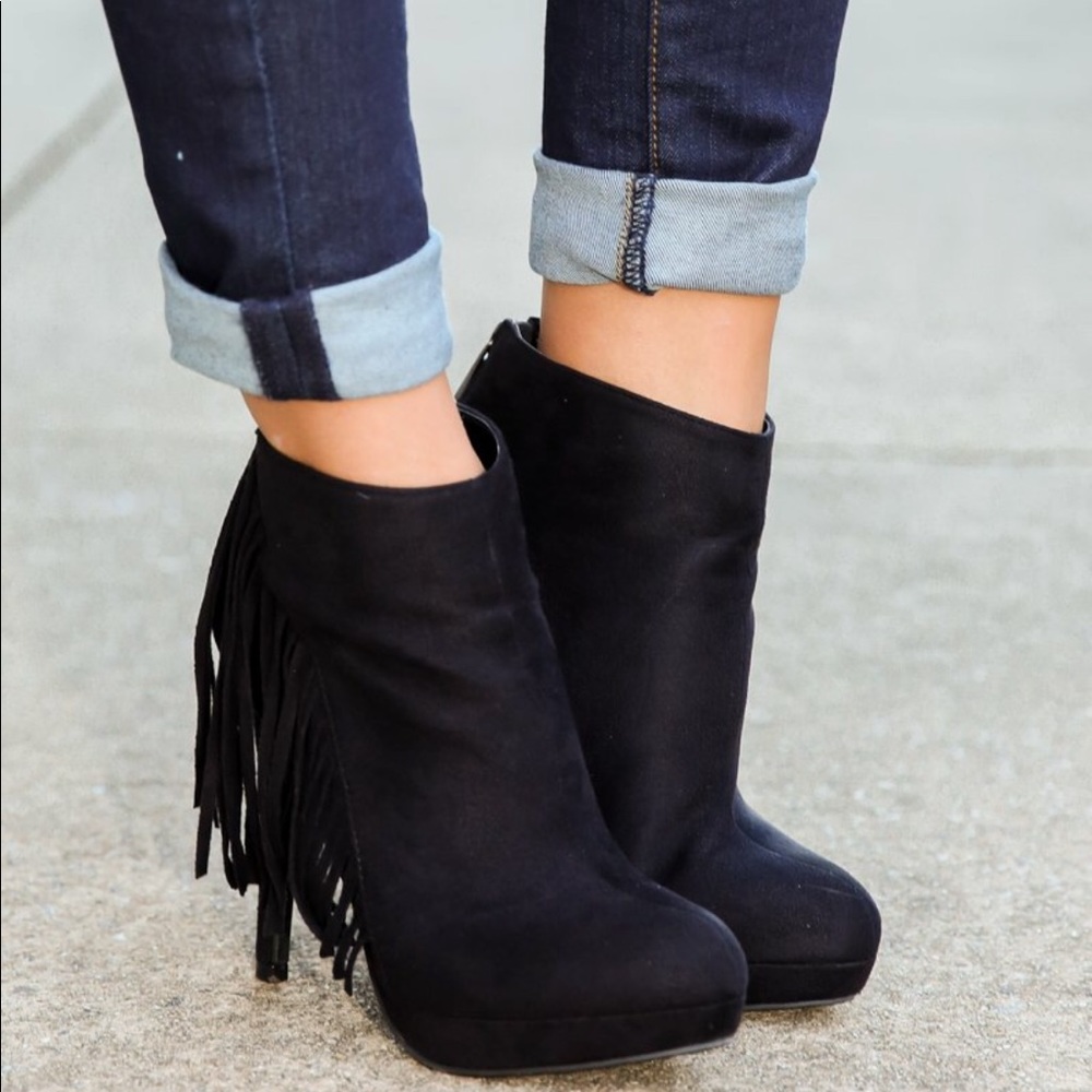 Suede Black Fringe Booties